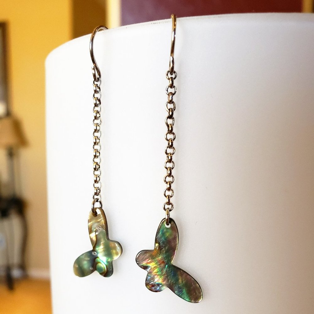 Sterling Silver Dangling Abalone Butterfly Stunning Drop Dangle Pierced Earrings